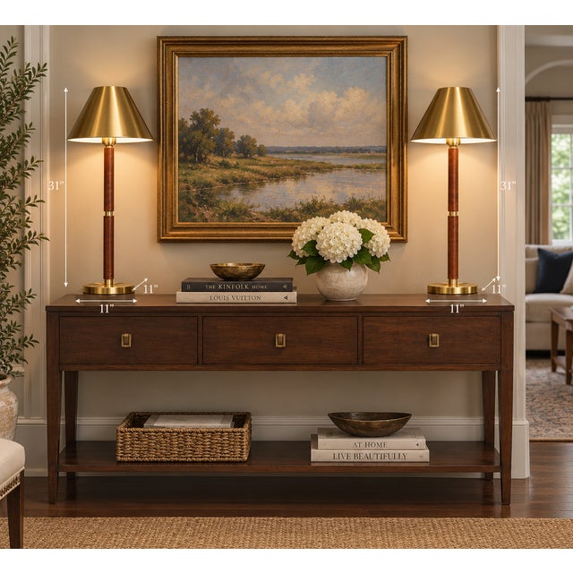 Mid-Century Modern Lauren Ralph Lauren Home Brass & Leather Buffet Table Lamps – Campaign Style Designer Lighting - Pair For Sale - Image 11 of 11