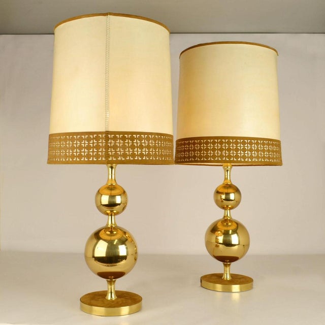 1960s Parchment Leather Shades Table Lamps on Brass Bases, 1970s, Set of 2 For Sale - Image 5 of 18