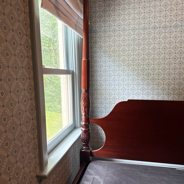 Brown Solid Mahogany Rice Carved Four Poster Queen Bed With Canopy Frame and Low-Profile Boxspring For Sale - Image 8 of 12
