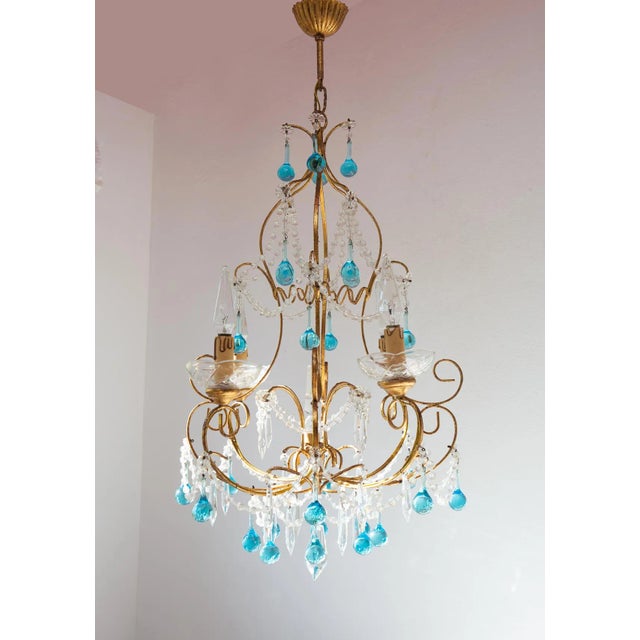 Italian Chandelier with Blue Glass Droplets, 1960s For Sale - Image 6 of 13