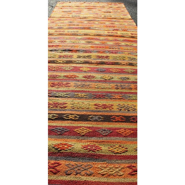 Vintage Hand Woven Turkish Kilim Colorful Stripe Runner With Tribal Motifs For Sale In Atlanta - Image 6 of 7