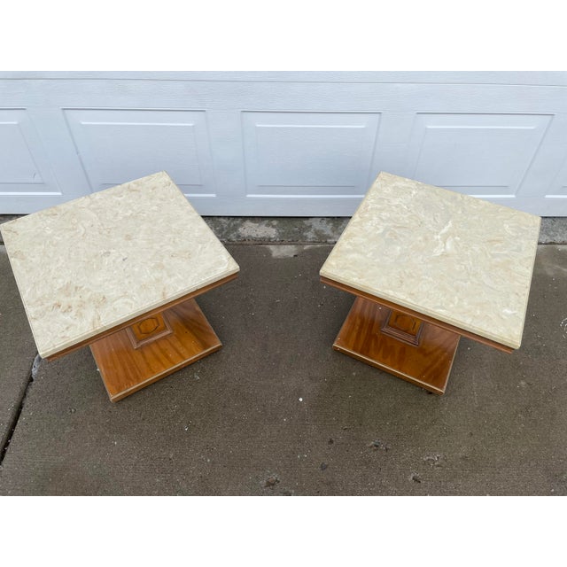 Wood 1970s Mid-Century Modern Walnut Marble Tables - a Pair For Sale - Image 7 of 8