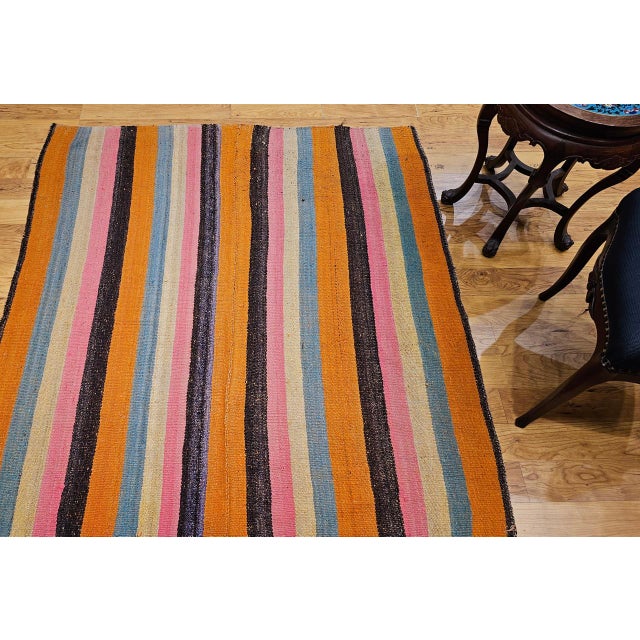 Vintage Turkish Sofreh Kilim, Flat-Woven Wool, Stripe Pattern, Yellow & Green, 5x5 For Sale - Image 4 of 11