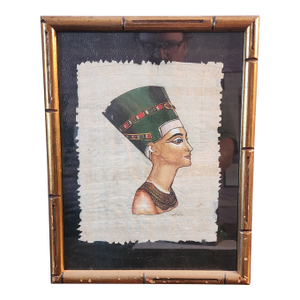 Vintage Framed Hand Painted Papyrus Egyptian Painting of Nefertiti ~ Signed, 1990s