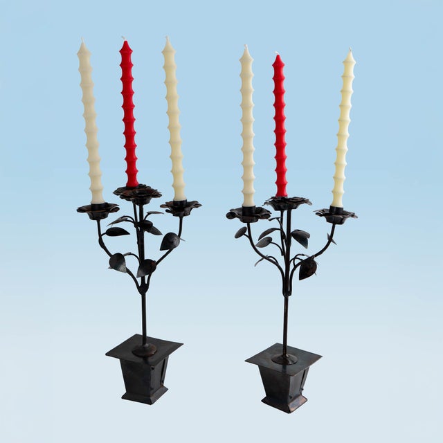 Victorian Vintage Hand-Forged Iron Rose Candelabra Set For Sale - Image 3 of 12