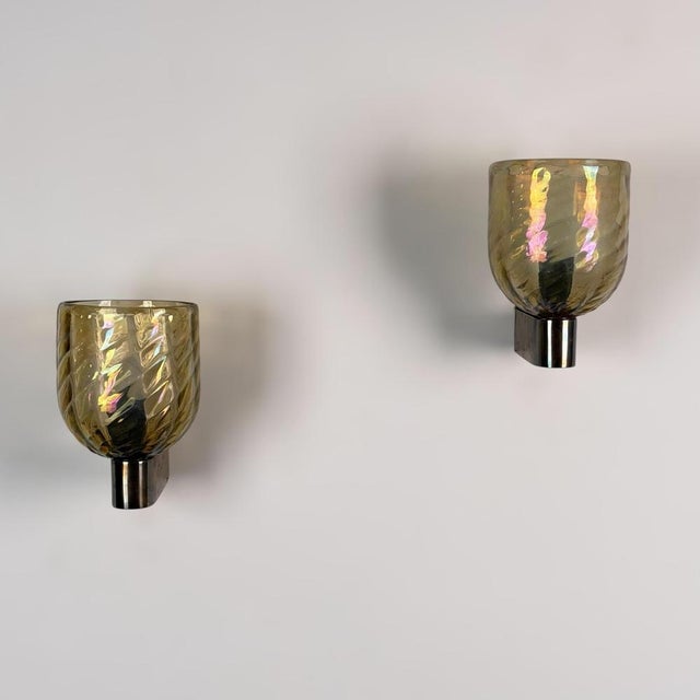 Metal Iridescent Hammered Murano Glass Sconces attributed to Archimede Seguso, 1940s, Set of 2 For Sale - Image 7 of 16
