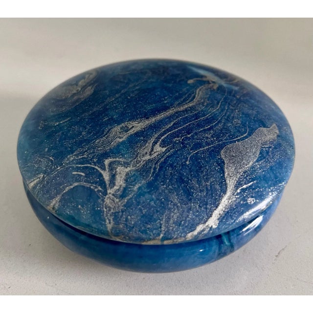 Beautiful shimmery round alabaster box with sliding lid. Unique custom blue colored box is perfect for your mementos,...
