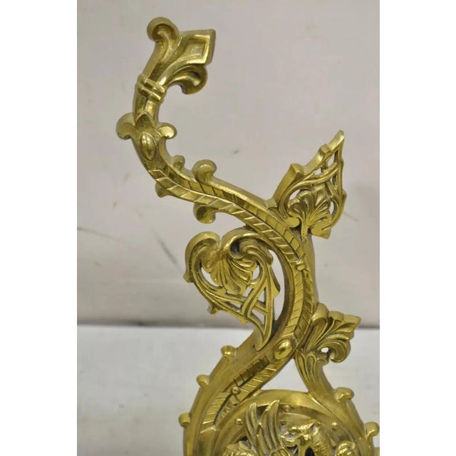Vintage French Baroque Style Brass Figural Andirons With Dragon Griffins - Pair For Sale In Philadelphia - Image 6 of 12