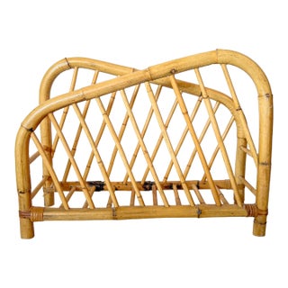 Vintage Coastal Boho Bamboo Rattan Magazine Rack For Sale