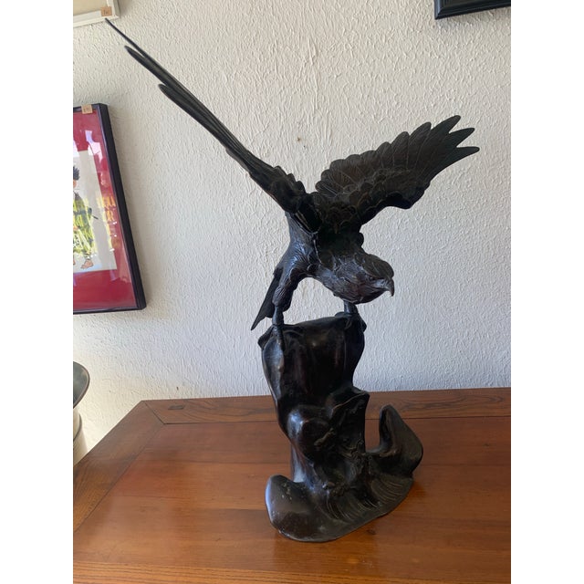 Antique Japanese Cast Iron Hinged Wing Eagle Sculpture For Sale - Image 10 of 11