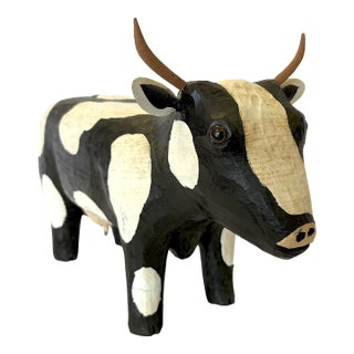Vintage Artisan Crafted Folk Art Wooden Cow For Sale