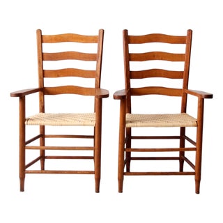 Vintage Ladder Back Arm Chairs Pair For Sale