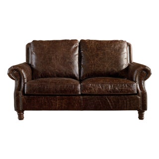 English Rolled Arm Love Seat - Dark Brown Leather For Sale
