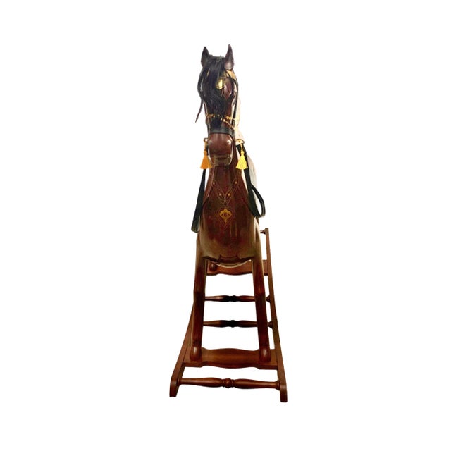 Wood Vintage Large Heavy Wooden Rocking Horse With Brass Leather and Hair Accent For Sale - Image 7 of 8