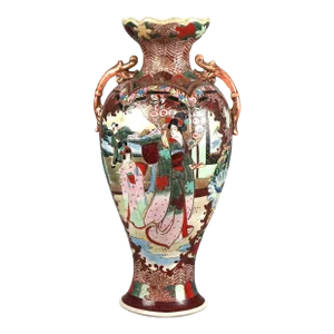 Antique Japanese Satsuma Hand Painted & Gilt Pottery Portrait Vase, Circa 1920