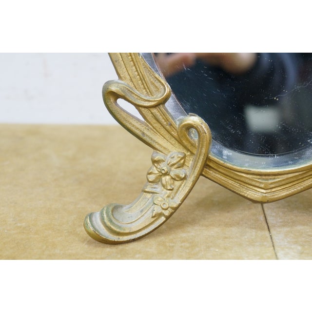 Wood Antique Victorian Art Nouveau Gilt Brass Tabletop Vanity Dressing Mirror 14" For Sale - Image 7 of 13