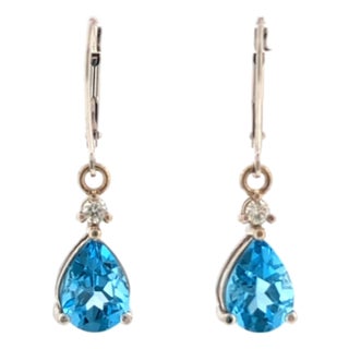 14k White Gold Blue Topaz & Diamond Dangling Earrings, Pair For Sale
