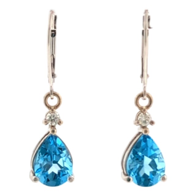 14k White Gold Blue Topaz & Diamond Dangling Earrings, Pair For Sale