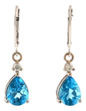 14k White Gold Blue Topaz & Diamond Dangling Earrings, Pair