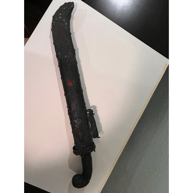 Vintage Sino Tibetan Short Sword Dagger Hand Forged Steel Repousse Scabbard 25" For Sale - Image 13 of 15