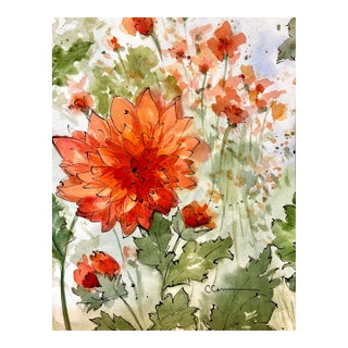 Original Watercolor Painting of “Orange Dahlias” For Sale