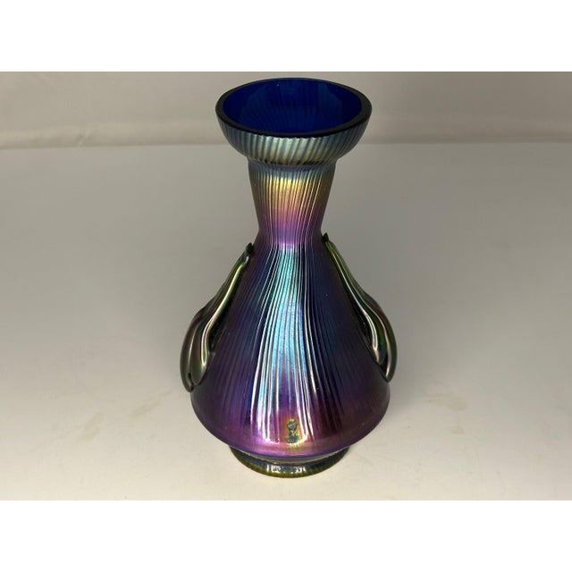 Josef Rindskopf’s Söhne Rindskopf Papillon Iridescent Art Glass Vase: Applied Handles, c. 1905 For Sale - Image 4 of 10