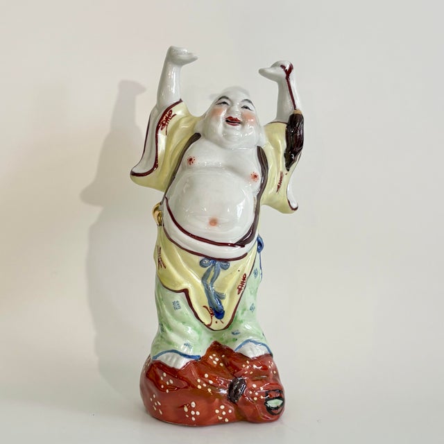 White Vintage Chinese Laughing Buddha Ceramic Sculpture, Hand Painted For Sale - Image 8 of 11