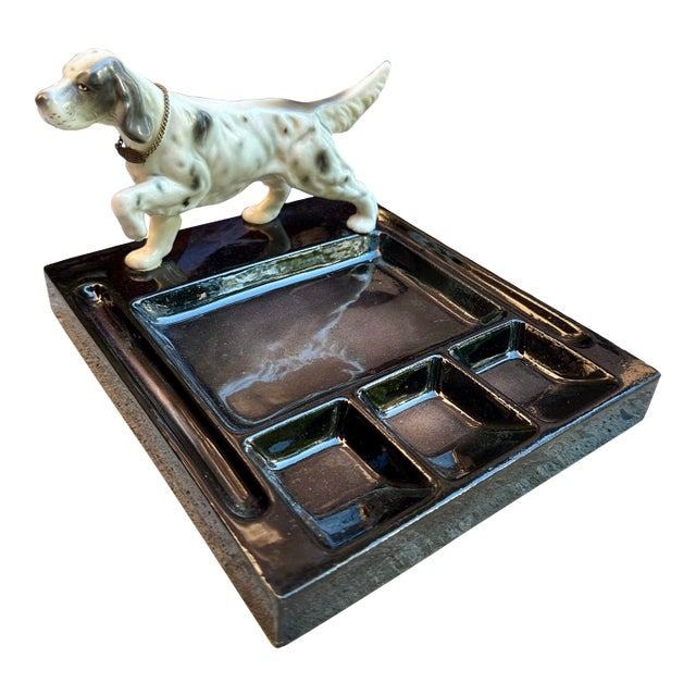Vintage Mid-Century Porcelain Desk Caddy Cache Catchall With English Setter Dog For Sale