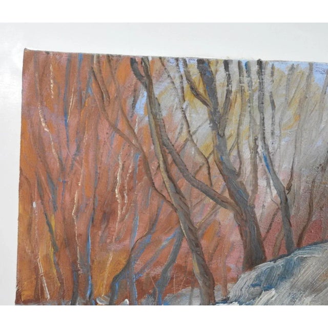 1978 oil on canvas snowy winter landscape painting. Signed N Bradley and dated on verso. Unframed, edge wear.