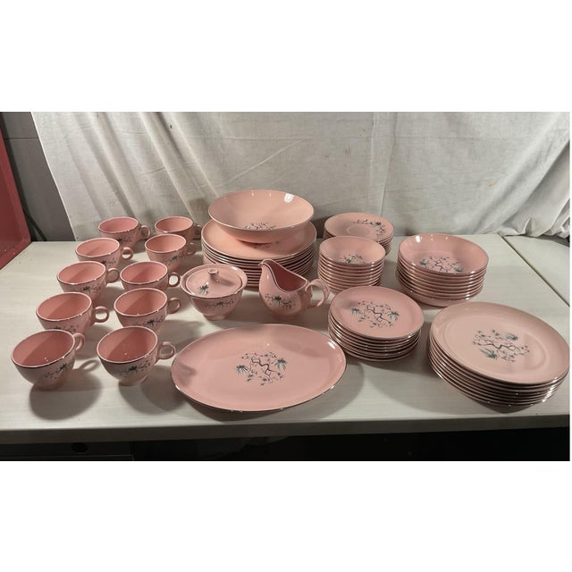 Statement 1958 Mid-Century Modern Taylor, Smith & Taylor "Dwarf Pine" Versatile Pink China Dinnerware Set - 73 Pieces For Sale - Image 10 of 12