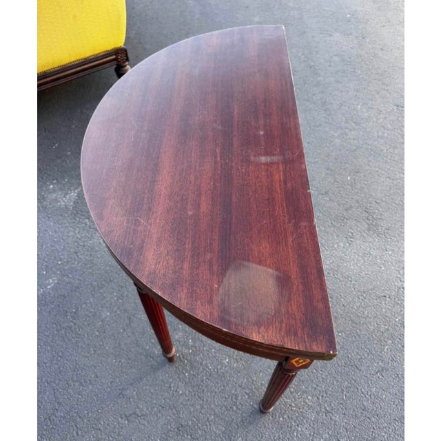 Traditional Sheraton-Style Demilune Flip-Top Console / Game Table With Urn Inlay For Sale - Image 3 of 6