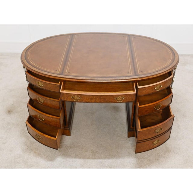 Metal Victorian Oval Partners Desk in Walnut For Sale - Image 7 of 14