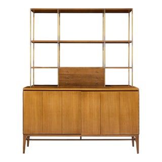 Paul McCobb for Calvin Mid Century Walnut and Brass Room Divider Credenza With Hutch For Sale