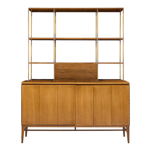 Paul McCobb for Calvin Mid Century Walnut and Brass Room Divider Credenza With Hutch For Sale