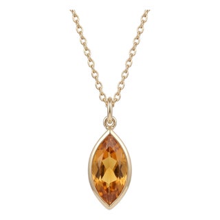 Genuine Marquise Citrine Necklace – Minimalist Bezel Set Golden Gemstone Solitaire Pendant For Sale