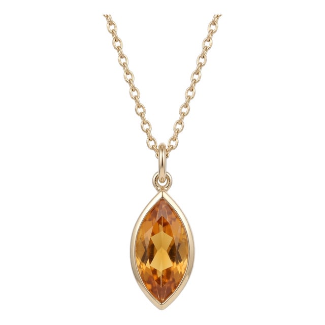 Genuine Marquise Citrine Necklace – Minimalist Bezel Set Golden Gemstone Solitaire Pendant For Sale