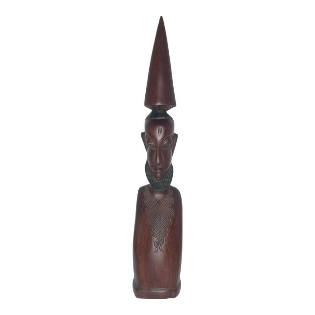 Makonde Carved Hardwood Elder Figure Tanzania Mozambique Conical Hat African Art For Sale
