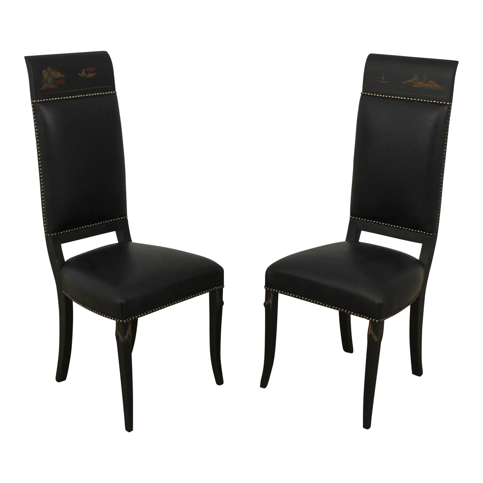 Pair Vintage Chinoiserie Decorated High Back Leather Chairs Chairish
