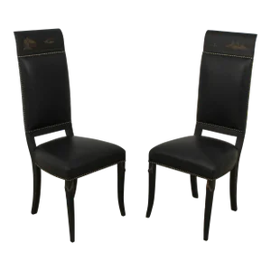 Pair Vintage Chinoiserie Decorated High Back Leather Chairs