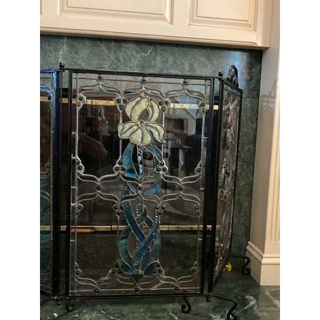 Late 19th Century Art Nouveau Fireplace/ Tea Screen -Tiffany Glass Style For Sale - Image 4 of 6