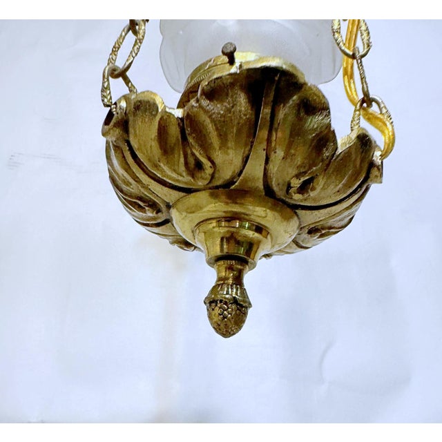 Vintage Brass Lantern With Frosted Flower Shaped Glass Shade For Sale - Image 4 of 8