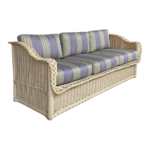 Henry Link Newly Upholstered Painted Coastal Rattan Sofa