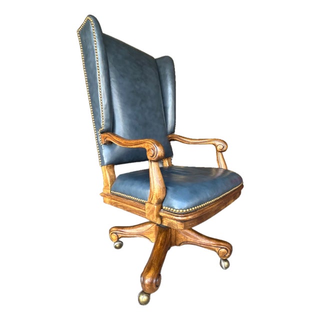 Vintage Drexel Heritage Navy Leather Executive Office Chair For Sale