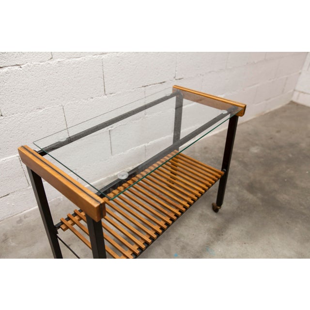 Black Vintage Teak, Black Metal, and Glass Serving Cart on Casters, 1960s For Sale - Image 8 of 17