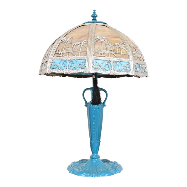 Handel Style Antique Art Nouveau Slag Glass Turquoise Table Lamp With Palm Tree Motif, Circa 1920s For Sale