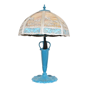 Handel Style Antique Art Nouveau Slag Glass Turquoise Table Lamp With Palm Tree Motif, Circa 1920s
