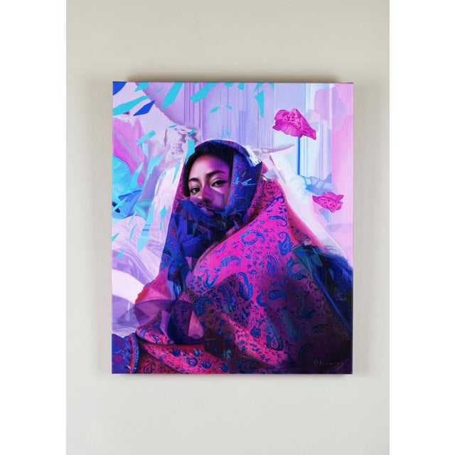 This artwork presents a figure enveloped in vibrant patterns and textures, draped in a richly colored shawl that contrasts...