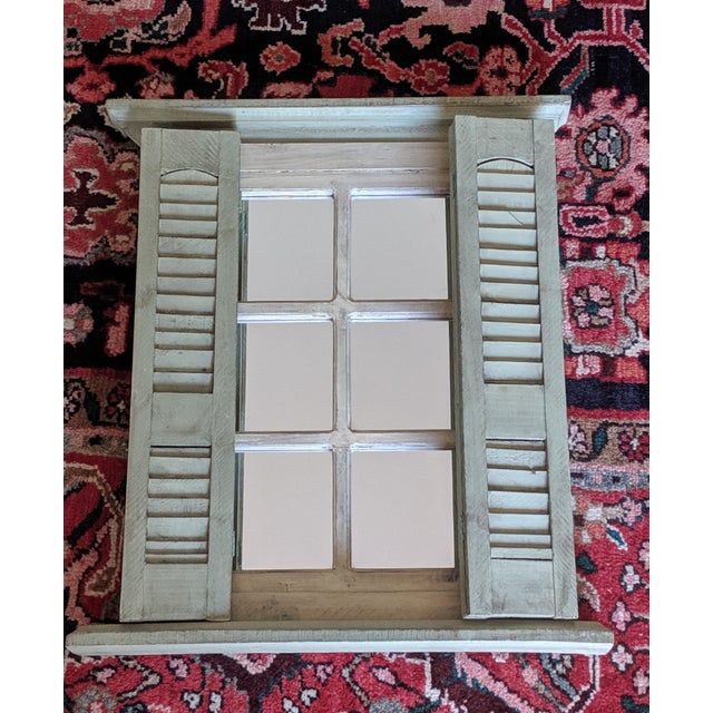 Vintage Farmhouse Style Whitewashed Wooden Window Wall Mirror With Green Shutters For Sale - Image 4 of 12