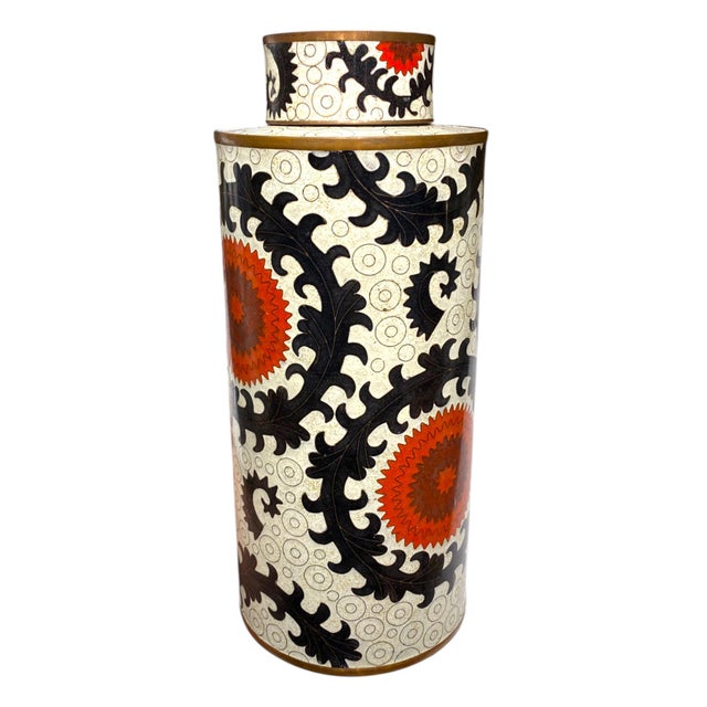 Stunning large cloisonné enamel lidded jar by celebrated French artist Fabienne Jouvin. Crafted from copper with an...