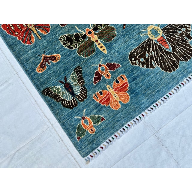 Textile Denim Blue Butterfly Moth Pictorial Hand-Knotted Wool Rug - 4'11" X 6'6" For Sale - Image 7 of 10